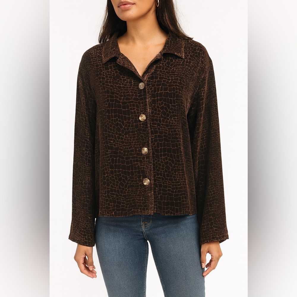 Chicos Design Women Brown Velvet Burnout Jacket Reptile Sz 2 Button Fron…